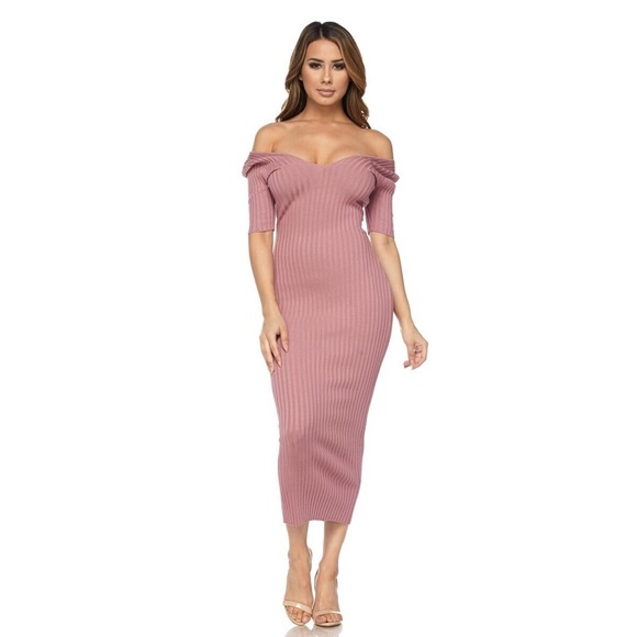 🎀 LAST ONE 🎀 Mauve Ribbed Sexy Midi Fall Bodycon Dress (B) - Picture 2 of 8